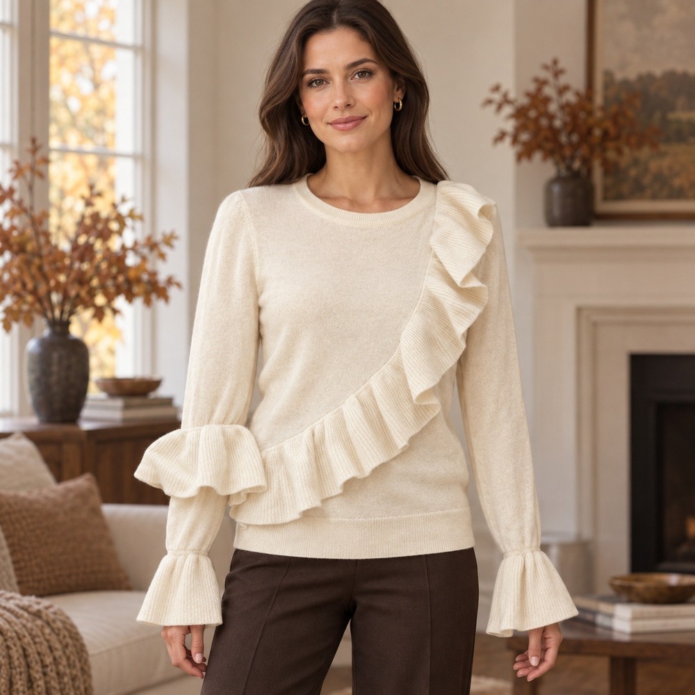 Antonio Melani Womens L 100% Cashmere Ruffle Bell Sleeve Sweater Romantic Soft